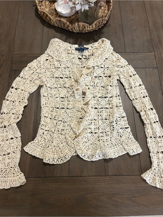 Ralph Lauren Sweaters - Ralph Lauren Cream Crochet Ruffle-Front Cardigan